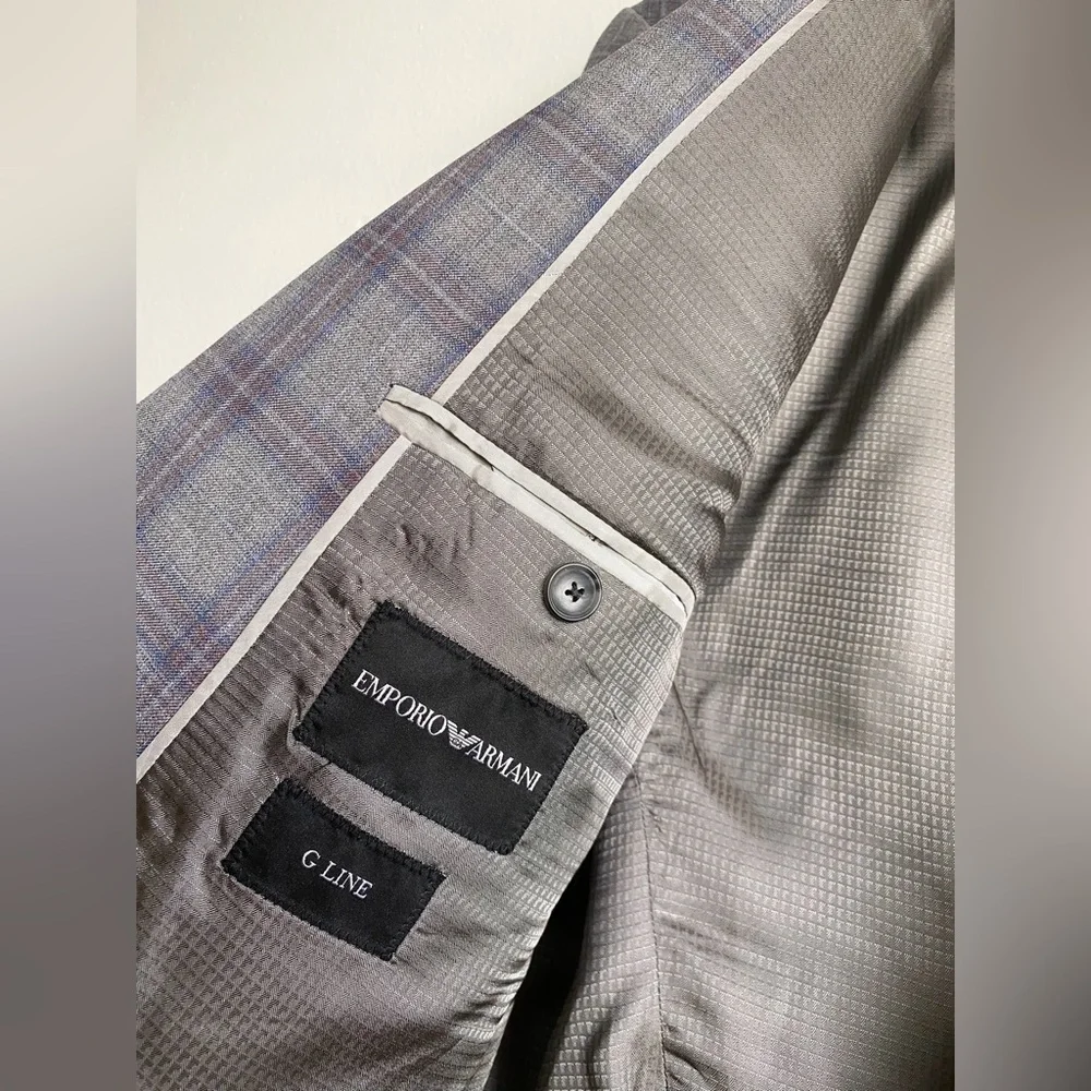 Emporio Armani GLine Virgin Wool Gray Plum Check Pane Plaid Sport Coat Blazer 54